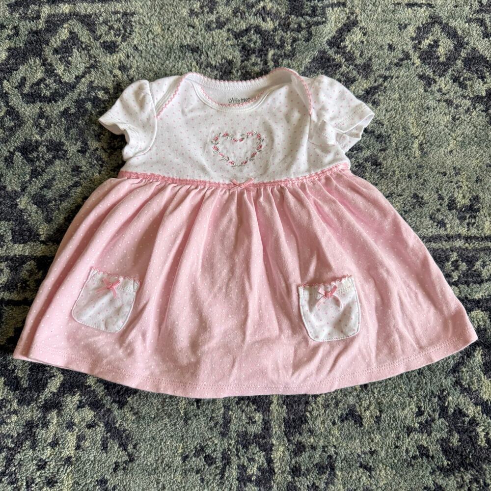 Little Me Baby Girl Pink and White Polka Dots Floral Heart Graphic 6M One Piece
